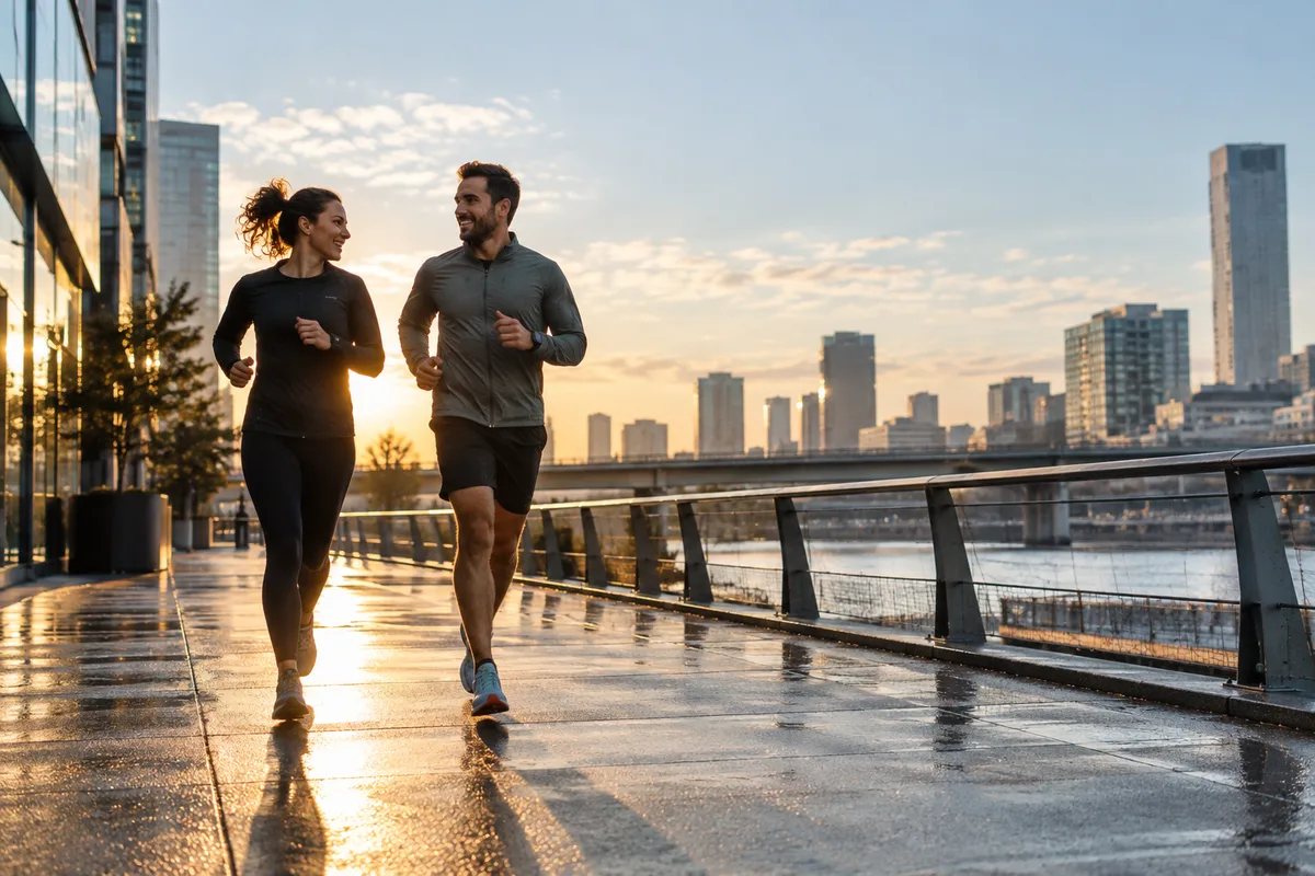 Two runners at sunrise along a city waterfront